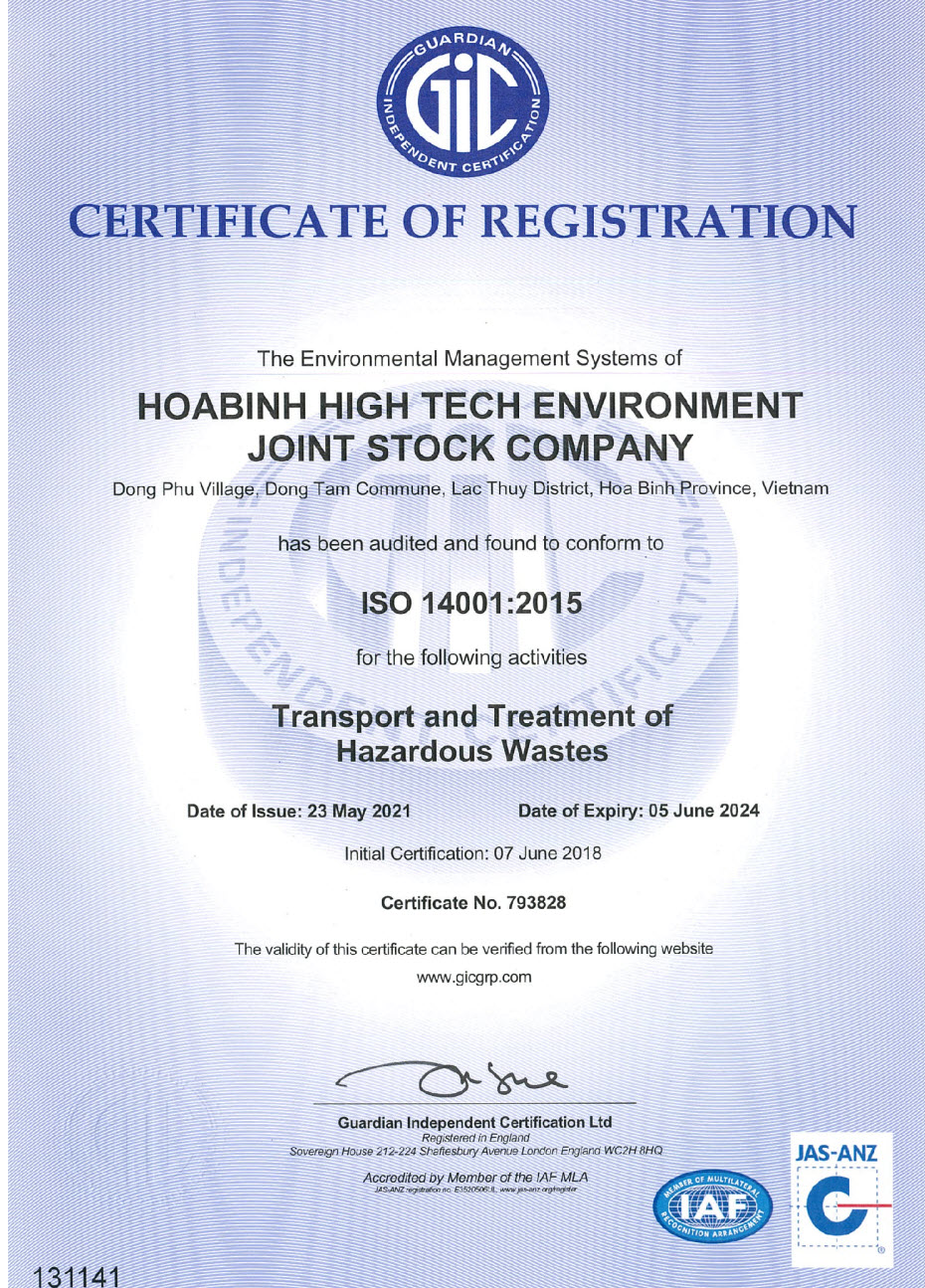 ISO 14001：2015認定書